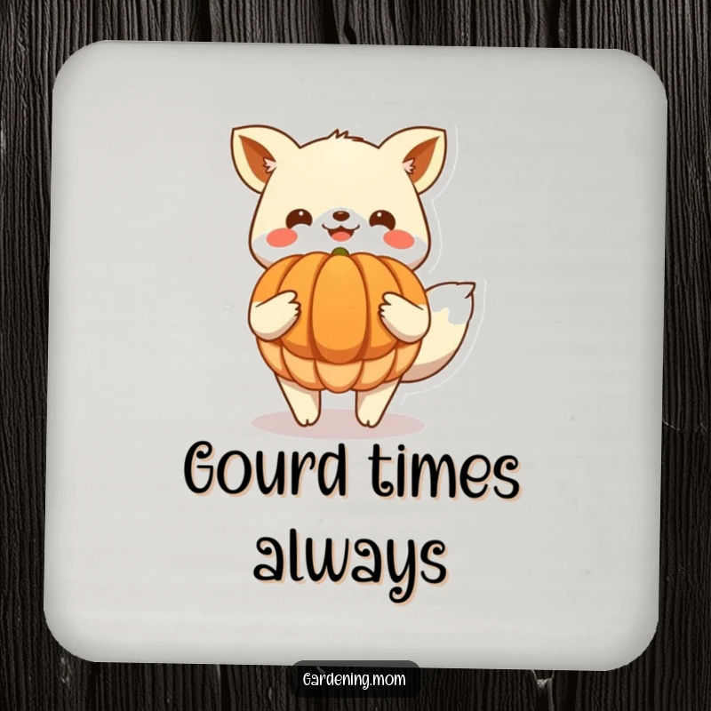 Funny Drink Coaster: Cheerful animal character proudly holding a large harvested pumpkin, adding a touch of fall festivity to any table.