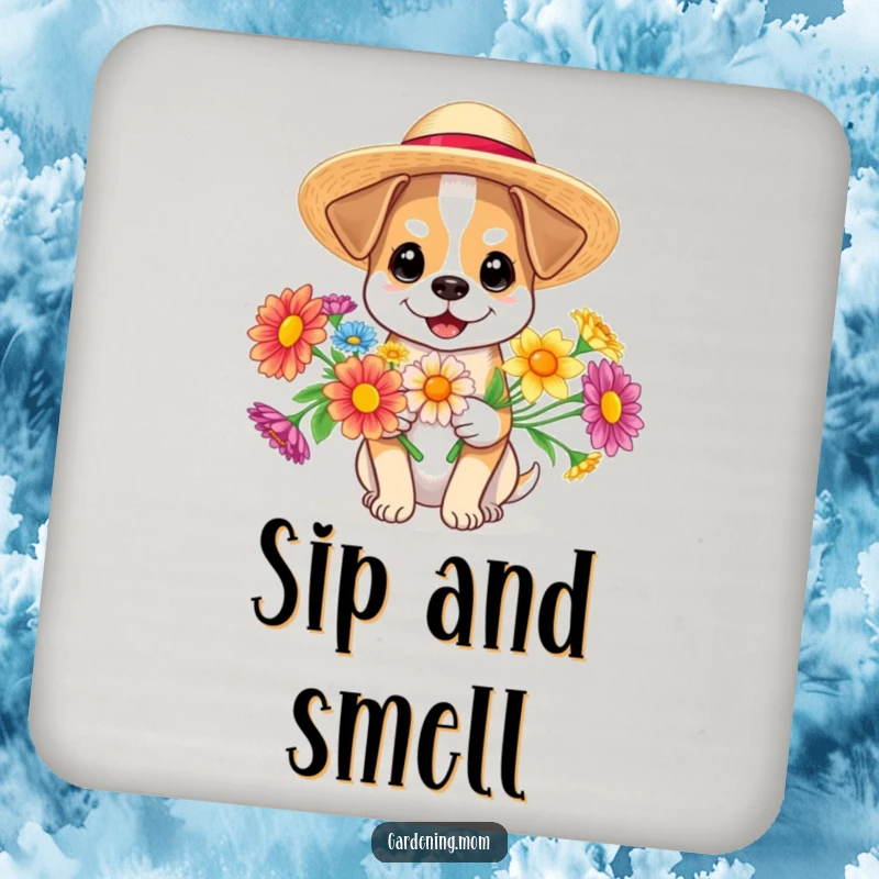 Funny dog wearing a sun hat and holding flowers, set of coasters, protecting furniture with summer flair, funny gift.