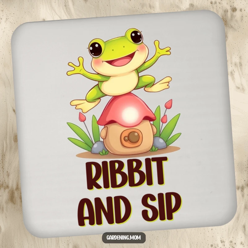 Funny Frog drink coasters showcasing a playful frog jumping over a garden gnome, protecting surfaces with humorous garden art.