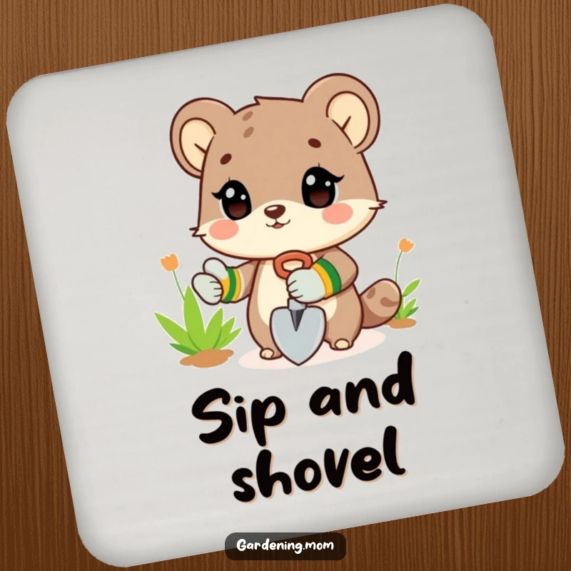 Funny Coaster: An animal character wearing gardening gloves and holding a shovel, protecting surfaces with a garden theme.