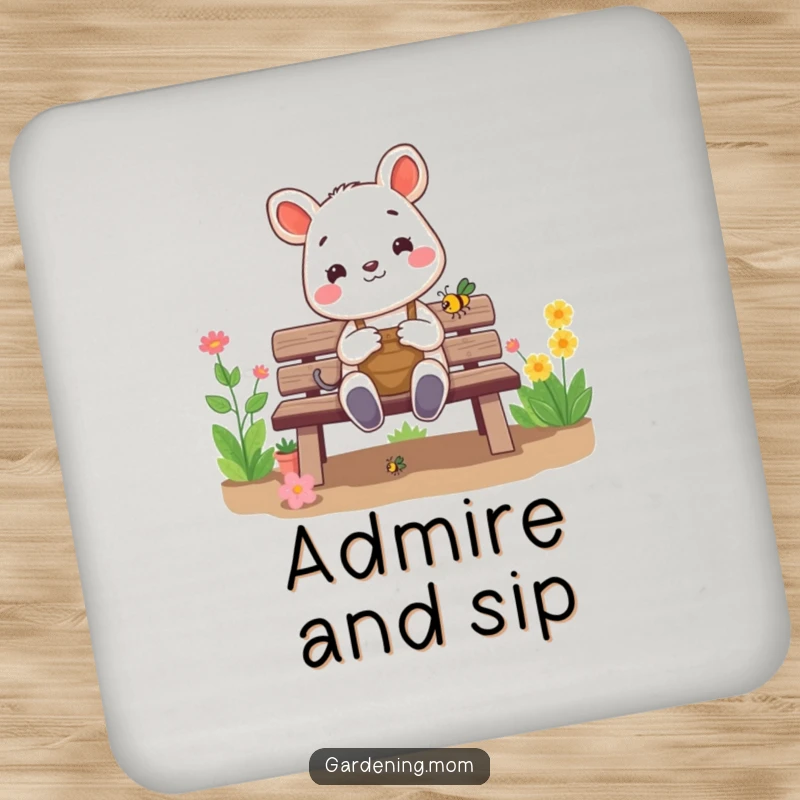 Funny gardening animal coaster: a cheerful critter sits on a garden bench, happily admiring a small bug, offering protection with a humorous nature theme.