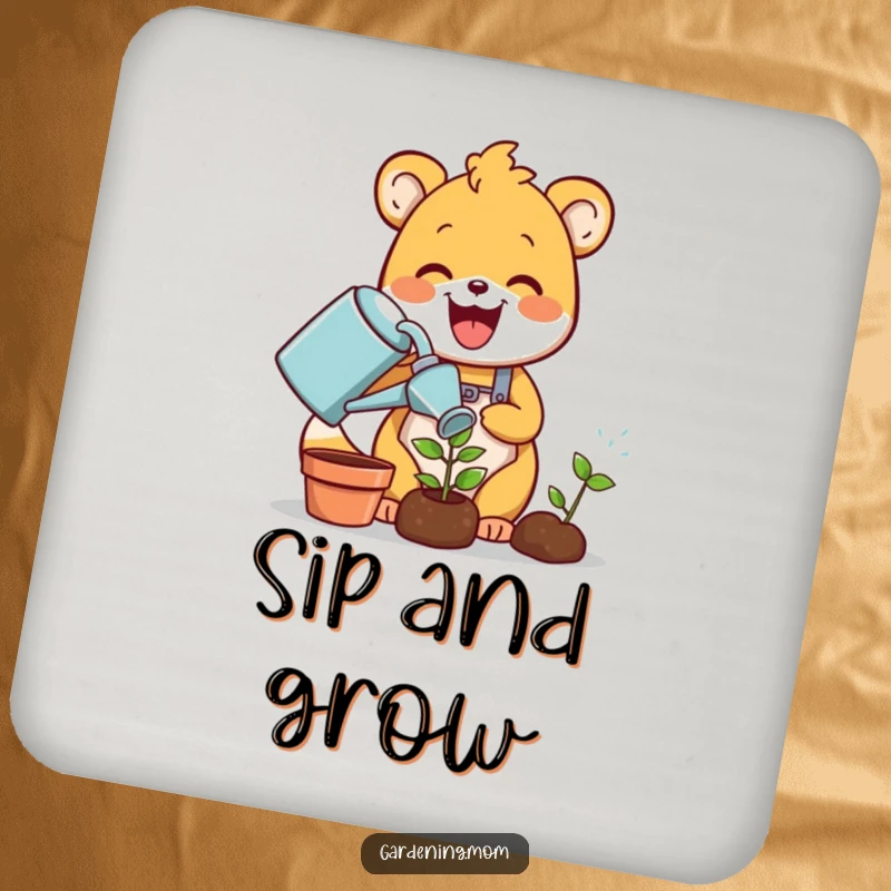 Funny gardening animal coaster: a delighted critter joyfully waters a tiny green sprout with a watering can, protecting surfaces with a humorous touch.