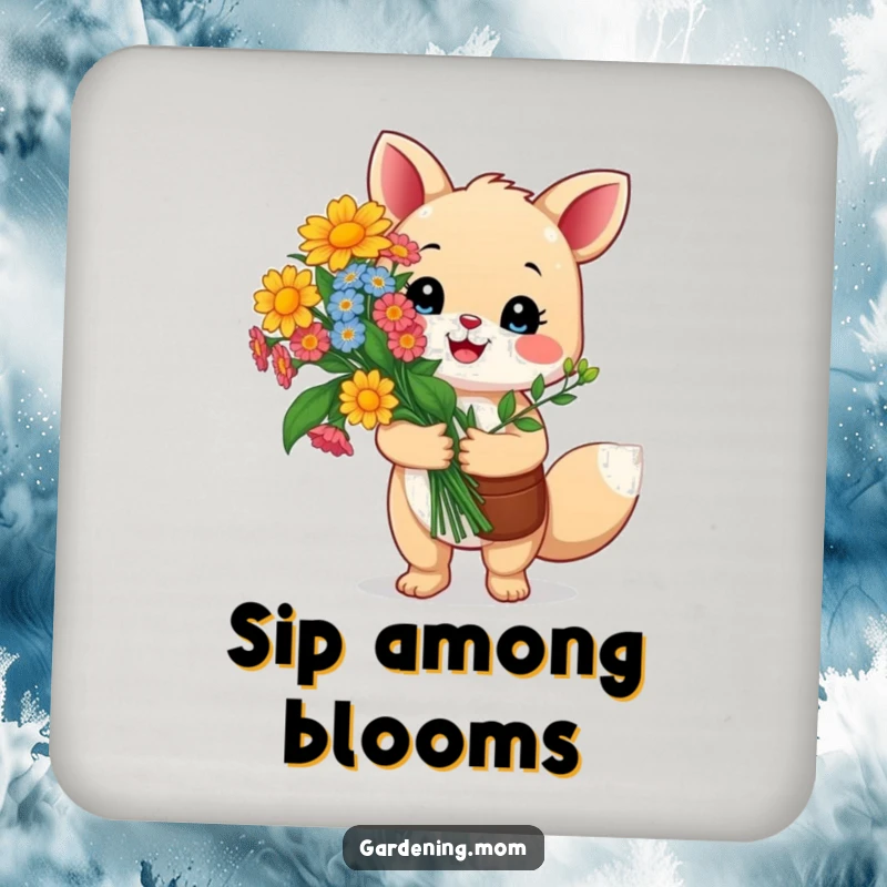 Funny gardening animal coaster: a happy critter proudly holds a vibrant bouquet of colorful flowers, offering protection with floral pride and humor.