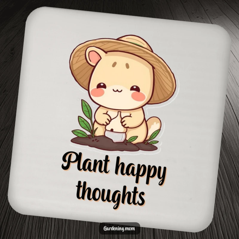 Funny gardening animal coaster: a smiling critter in a straw hat carefully plants a bulb, offering protection with a humorous gardening theme.
