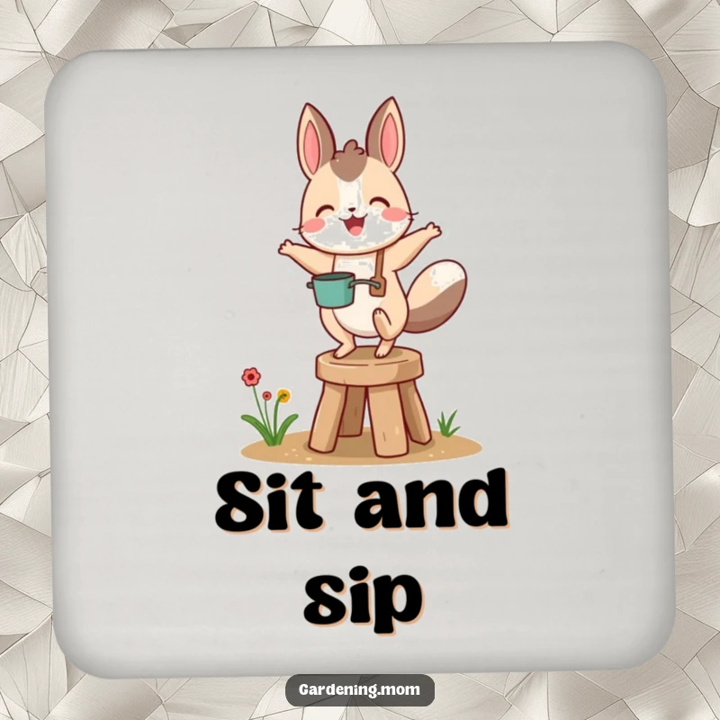 Funny gardening animal gleefully bouncing on a small garden stool, protecting your surfaces with its delightful charm.