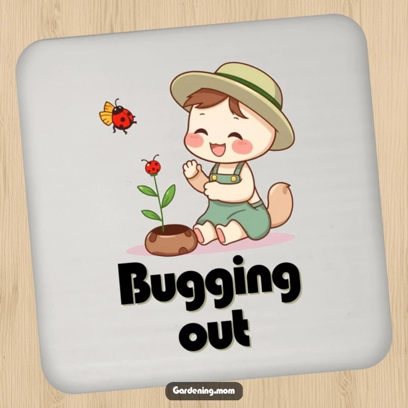 Funny gardening mom animal drink coaster design: an animal mom giggling while gently petting a ladybug, a sweet garden moment.