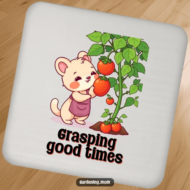 Funny gardening mom animal drink coaster design: an animal mom reaching for a ripe tomato on the vine, a garden delight.
