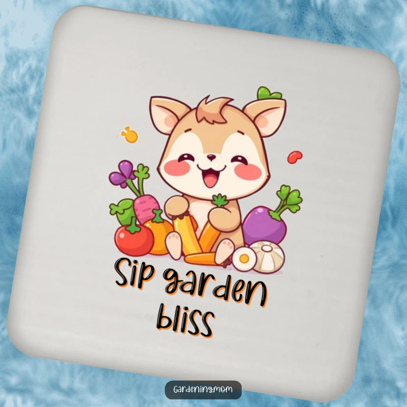 Funny Coaster: A giggling animal character gleefully picking colorful vegetables, protecting surfaces with charm.