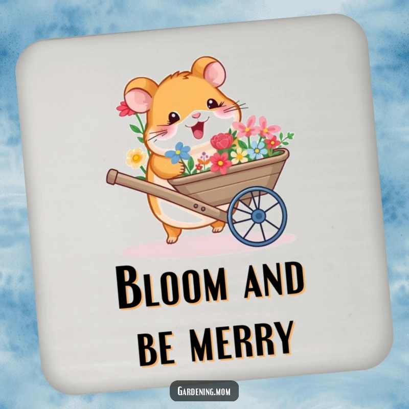 Funny drink coasters displaying a happy hamster pushing a wheelbarrow loaded with colorful flowers, adding charm to any setting.