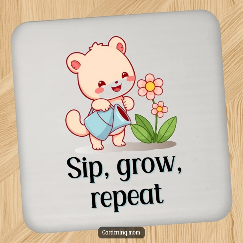 Funny drink coaster with a happy animal character watering a blooming flower, adding a touch of whimsical garden protection.