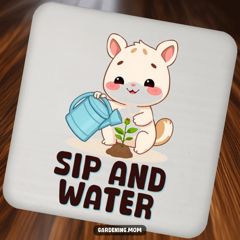 Funny happy animal character watering a small plant with a watering can, on a drink coaster to protect surfaces.