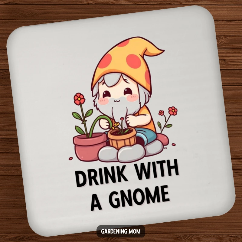 Funny Coasters: A kawaii gardening character carefully crafts a garden gnome, protecting surfaces with charm.