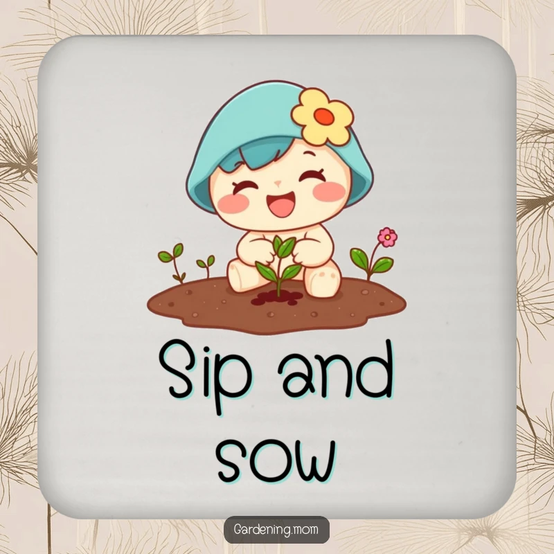 Funny Kawaii gardener drink coaster featuring a character joyfully planting a tiny seed, protecting surfaces.