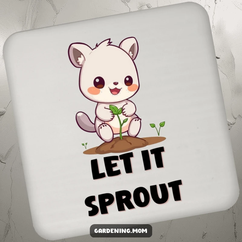 Funny coaster with a cheerful gardening animal character planting a seed, protecting surfaces with symbolic growth.