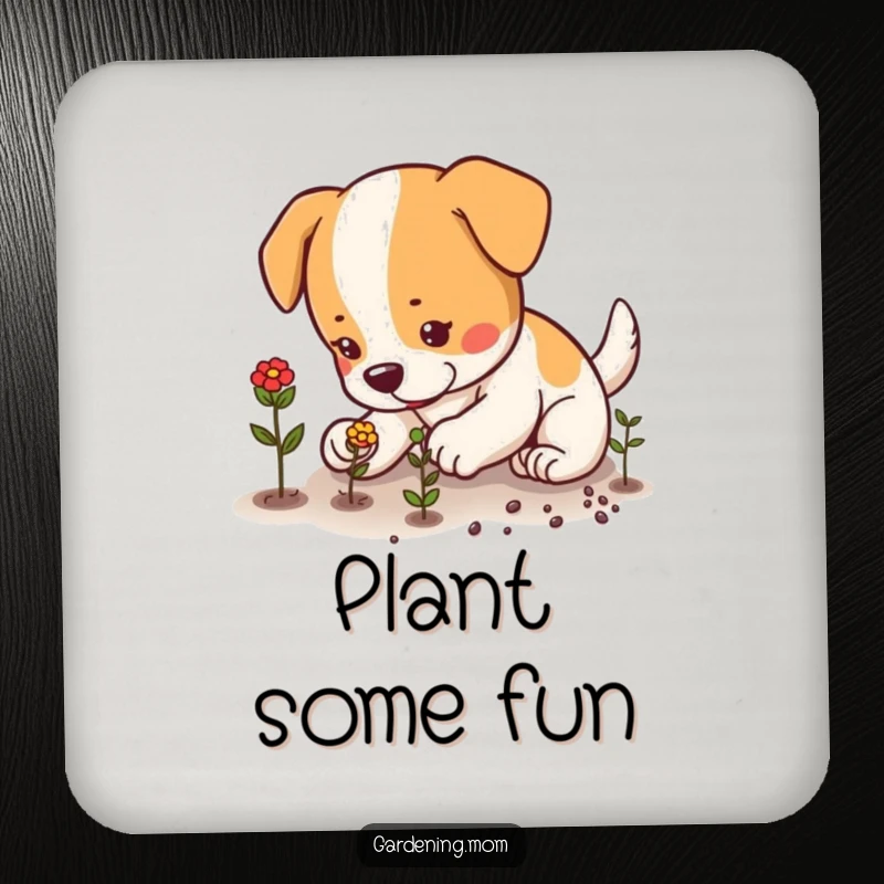 Funny dog carefully planting seeds with small, focused paws, set of coasters, protecting furniture with gardening theme, funny gift.
