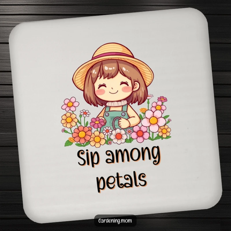 Funny drink coaster with a smiling gardening character in a straw hat, surrounded by blooming flowers, adding decorative and protective flair.