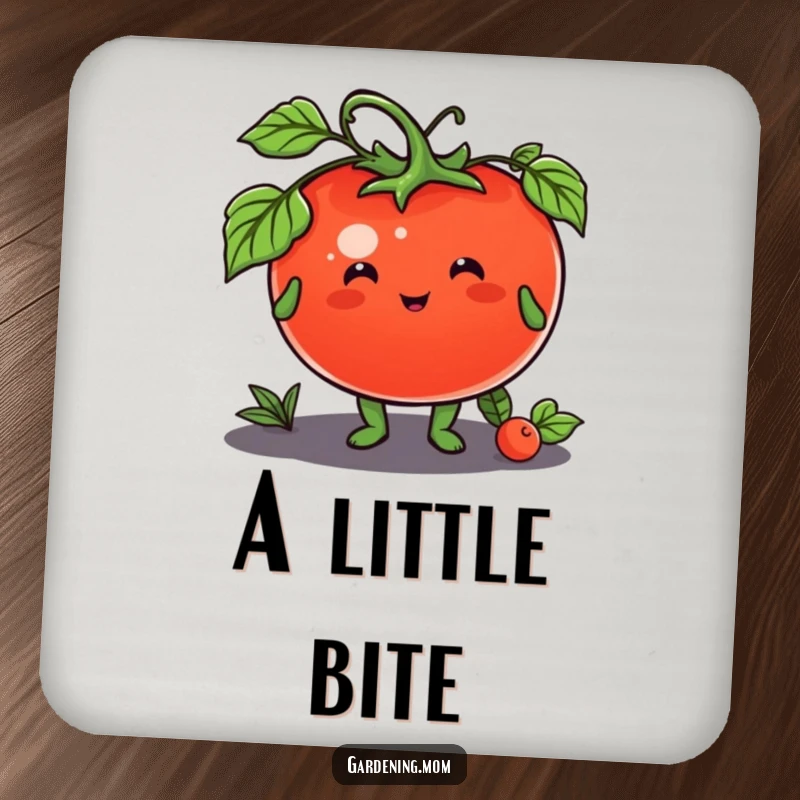 Funny coaster with a cheerful gardening animal character offering a plump tomato, protecting surfaces with culinary charm.