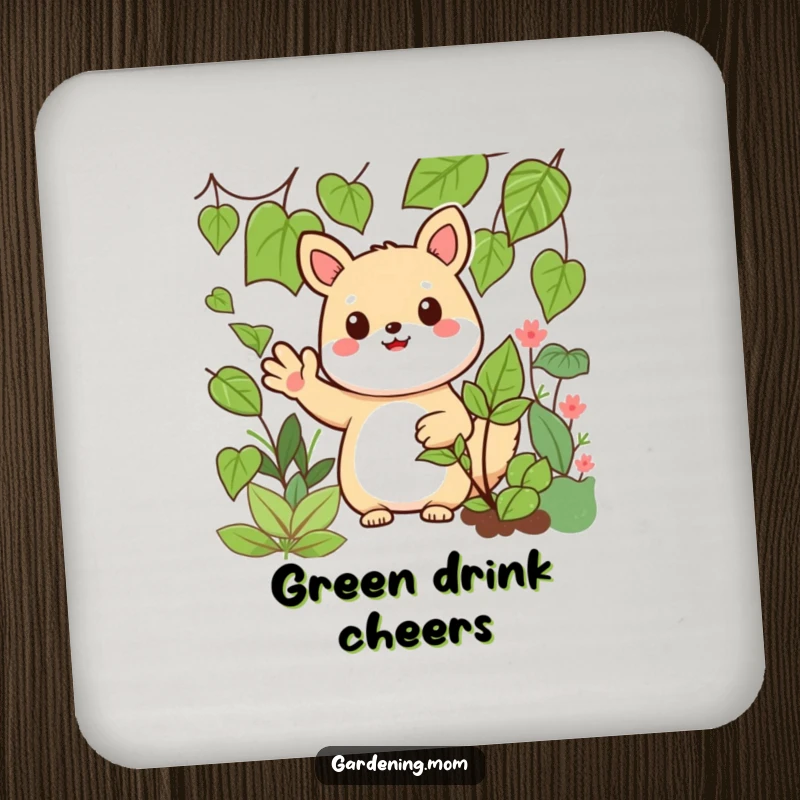 Funny Kawaii Gardening Animal Coaster Waving Hello Amidst Greens, Cute Drink Accessory, Protects Furniture.