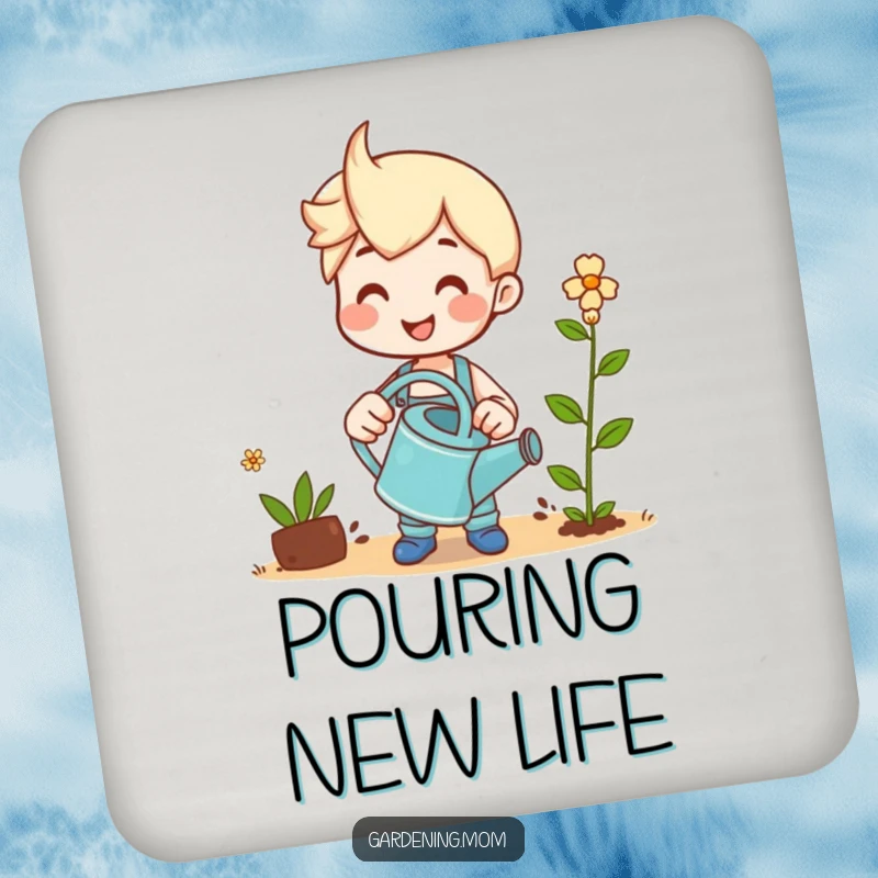 Funny drink coaster illustrated with a happy gardener smiling while watering a sprouting plant.