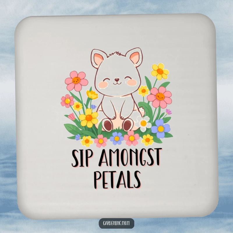 Funny contented animal character sitting amongst vibrant flowers with a peaceful smile, on a drink coaster to protect furniture.