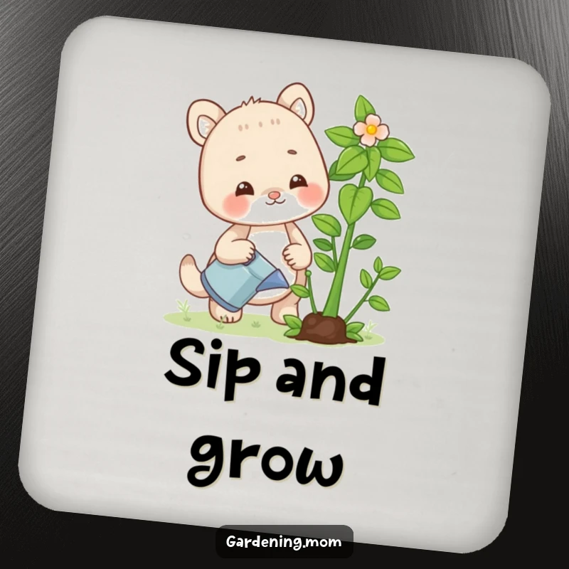Funny drink coaster with a cute gardening mom animal watering a vibrant plant, preventing rings and adding humor to gatherings.