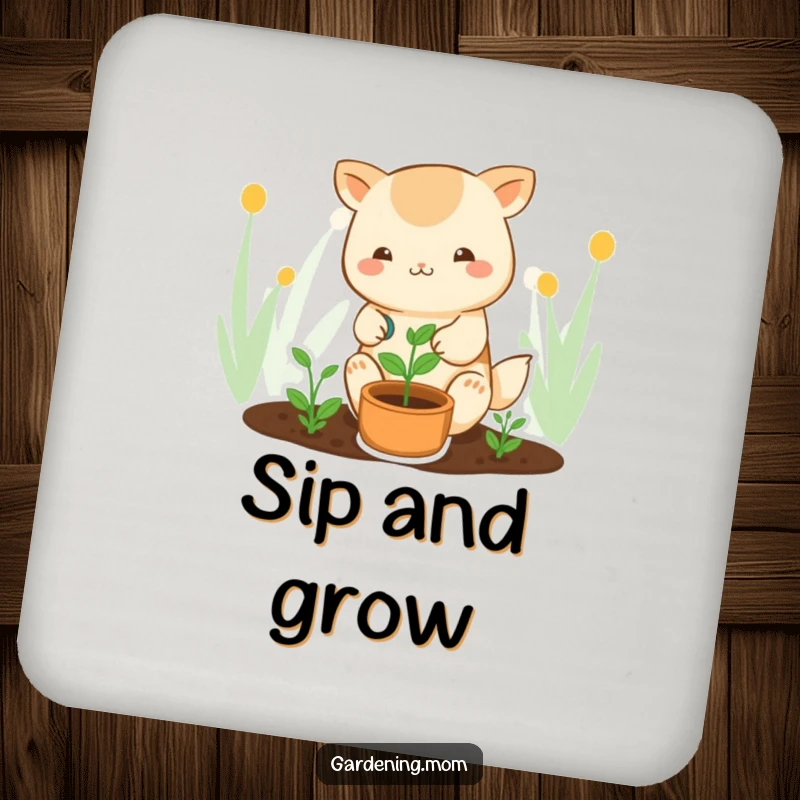 Funny kawaii gardening coaster featuring a cute animal character watering a sprout, protecting surfaces with charming humor.