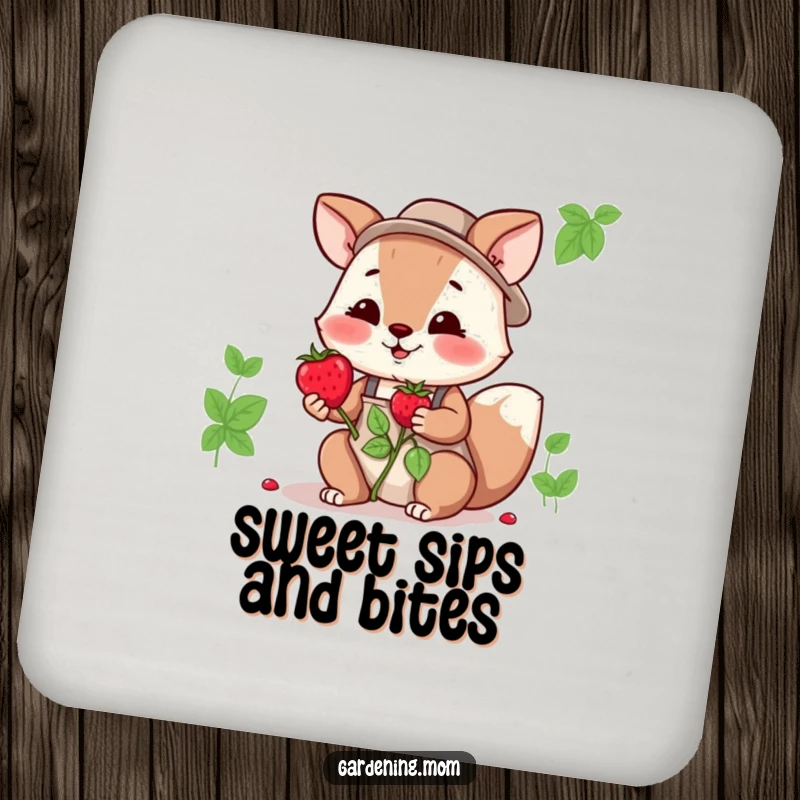 Funny gardening mom animal drink coaster design: an animal mom offering a ripe, freshly picked berry with a kind expression.