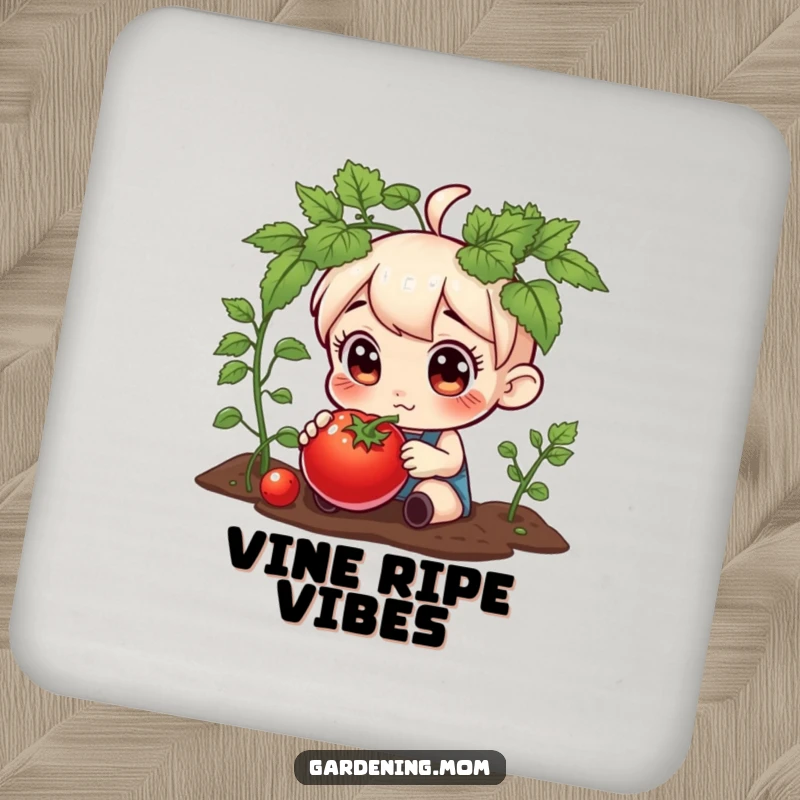 Funny drink coaster with a curious gardening character inspecting a plump tomato, adding a decorative and protective touch.