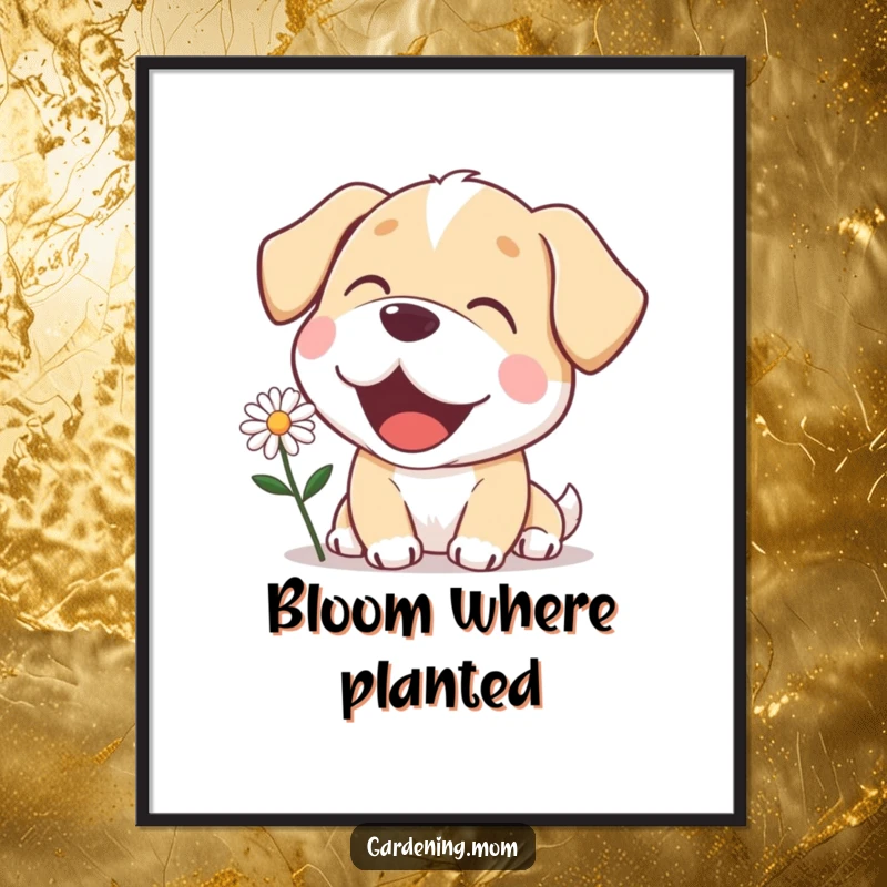 Funny mama dog poster with a delighted expression, admiring a blooming daisy, bringing a cheerful, nature-inspired vibe.