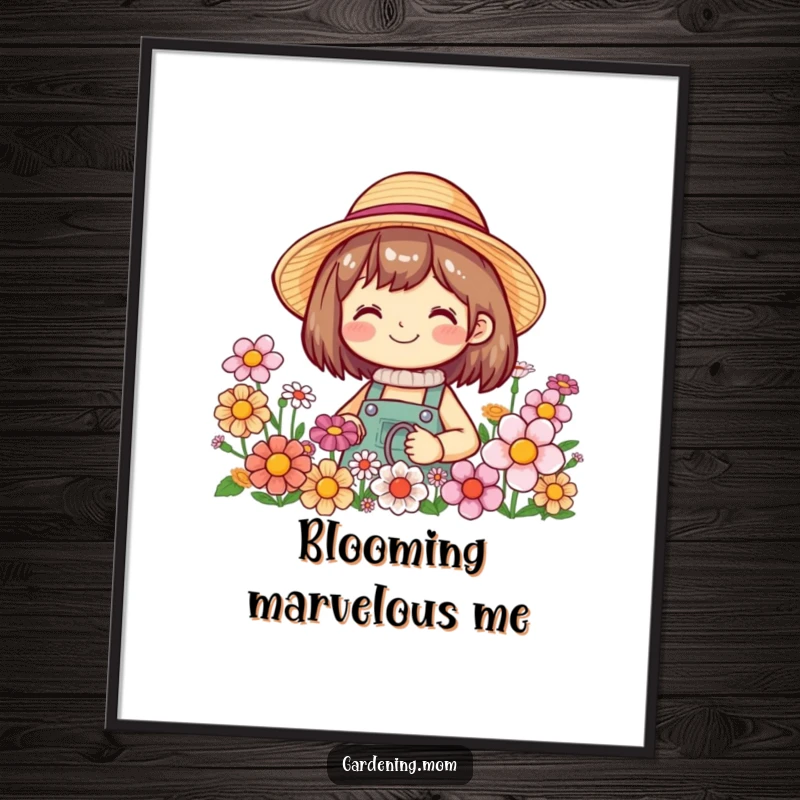 Funny poster art of a smiling gardening character wearing a straw hat, delightedly surrounded by a vibrant garden of blooming flowers.