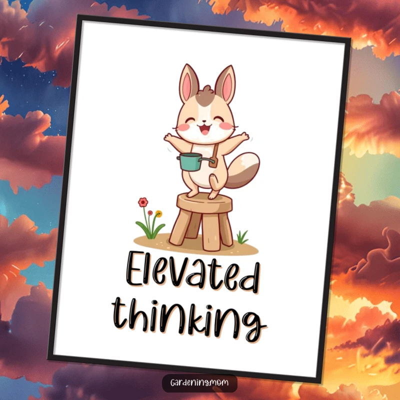 Funny gardening animal character gleefully bouncing high on a small garden stool, capturing a moment of pure gardening bliss.