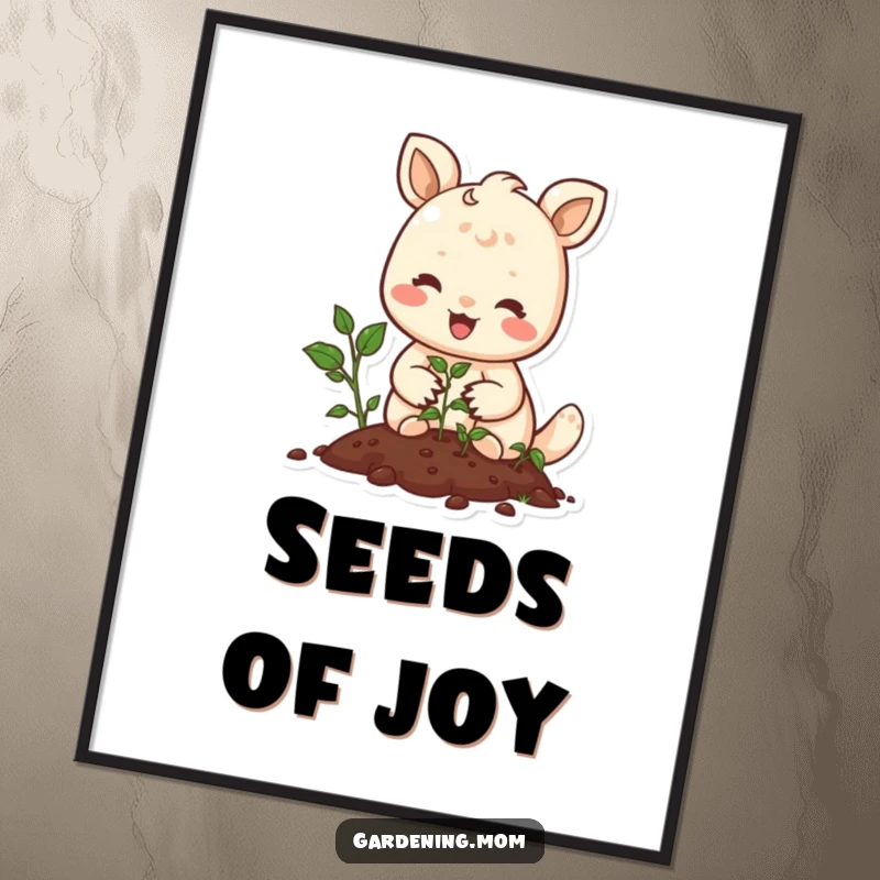 Funny poster illustration of a joyful animal gently planting seeds with a serene smile, capturing the essence of new beginnings.
