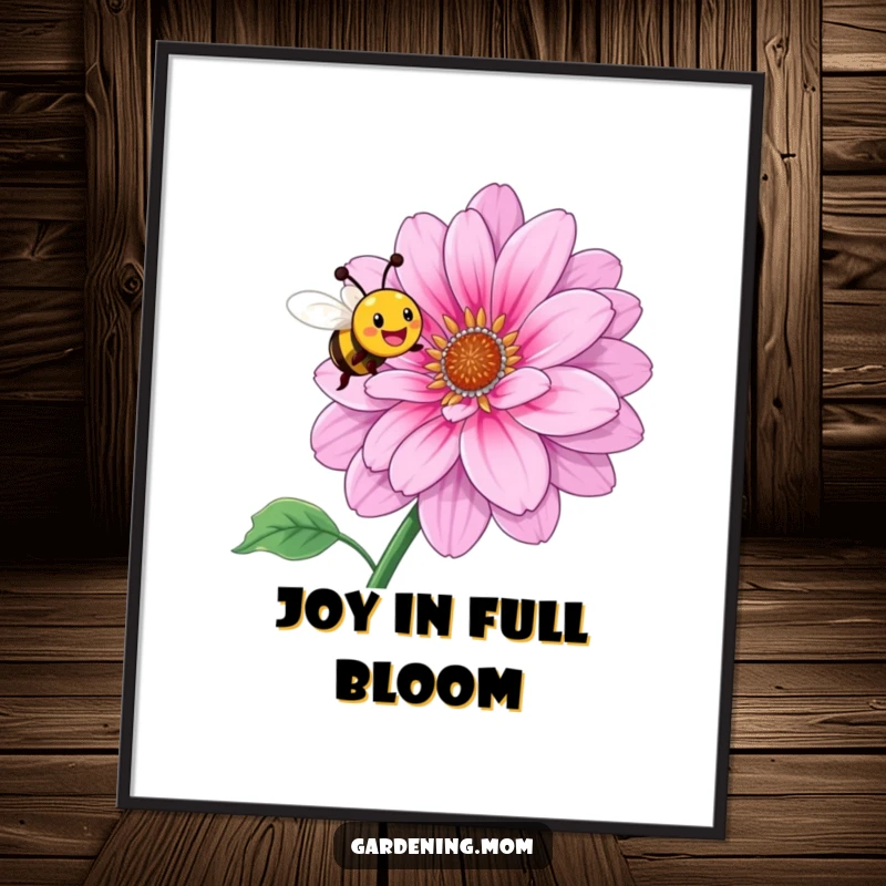Funny poster showing a joyful bee in mid-flight, buzzing happily around a colossal, beautifully bloomed flower.