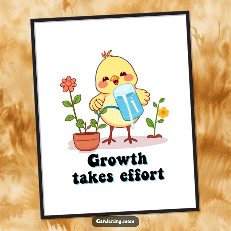 Funny poster of a proud little bird diligently watering potted plants with water held in its beak, highlighting care.