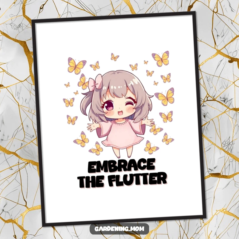 Funny Poster: Character with open hands, surrounded by delicate butterflies, creating a peaceful and beautiful scene as a funny gift.