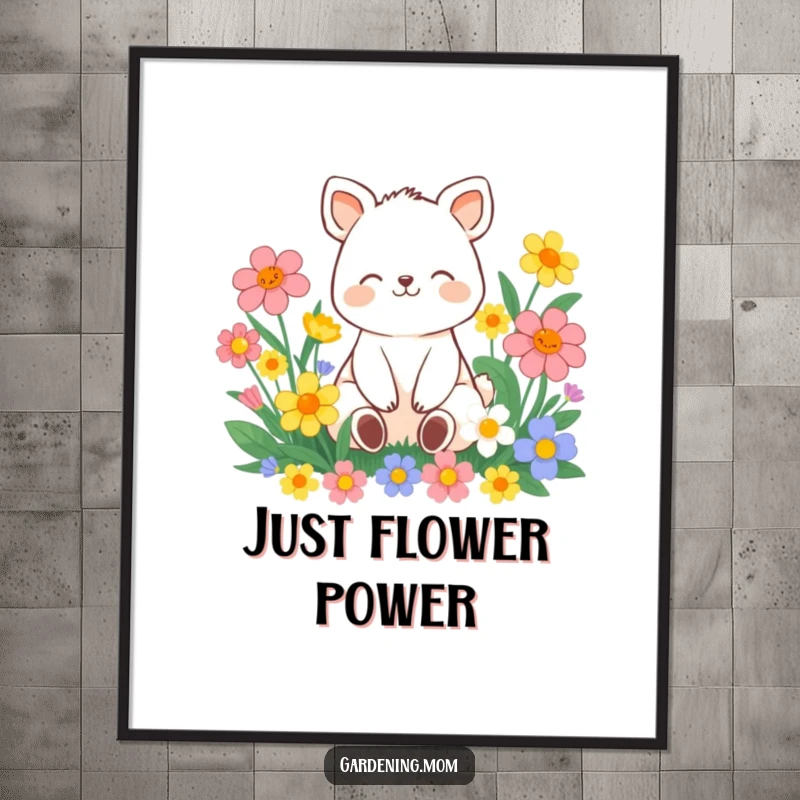 Funny contented animal character sitting amongst vibrant flowers with a peaceful smile, as wall art on a poster.