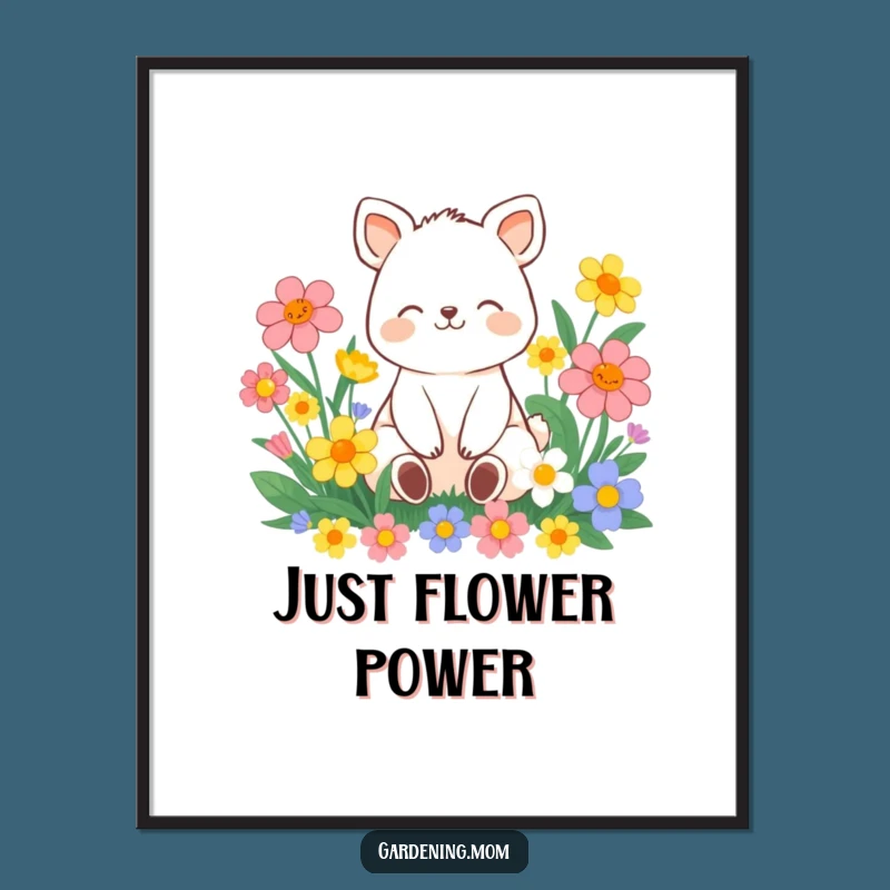 Funny Contented Animal Flower Poster: Peaceful Smile Wall Art for Calm Spaces