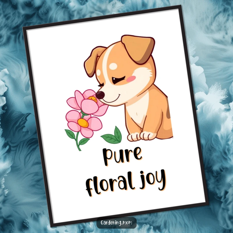 Funny dog admiring a blooming flower with pure delight, heartwarming art, humorous wall decor, funny gift.