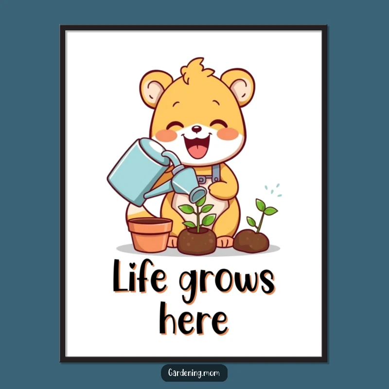 Funny Gardening Animal Poster: Delighted Critter Waters Sprout, Charming Funny Gift