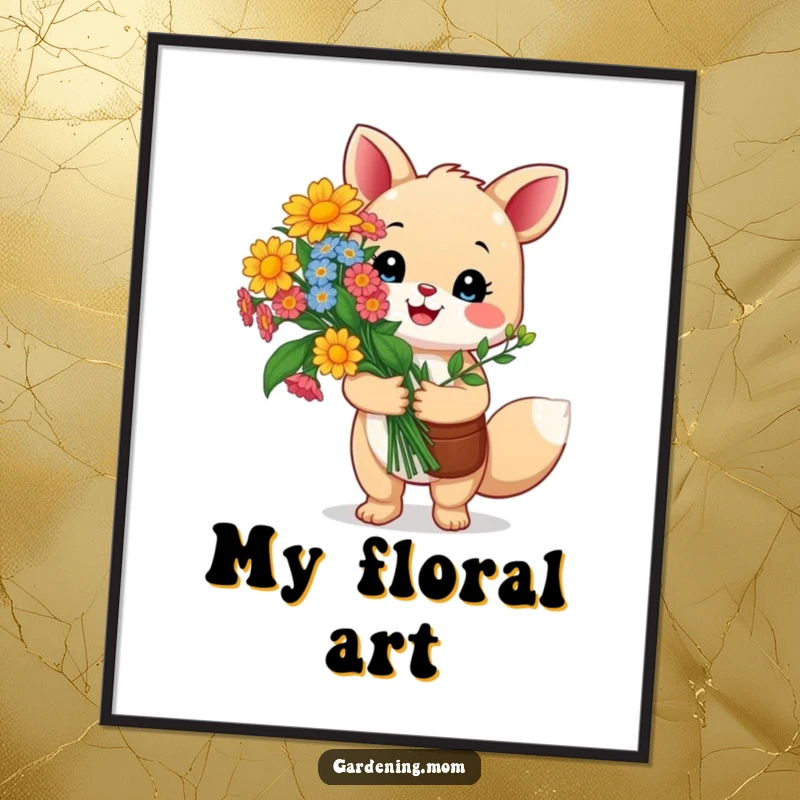 Funny gardening animal poster: a happy critter proudly holds a vibrant bouquet of colorful flowers, adding decorative charm and a sense of pride.