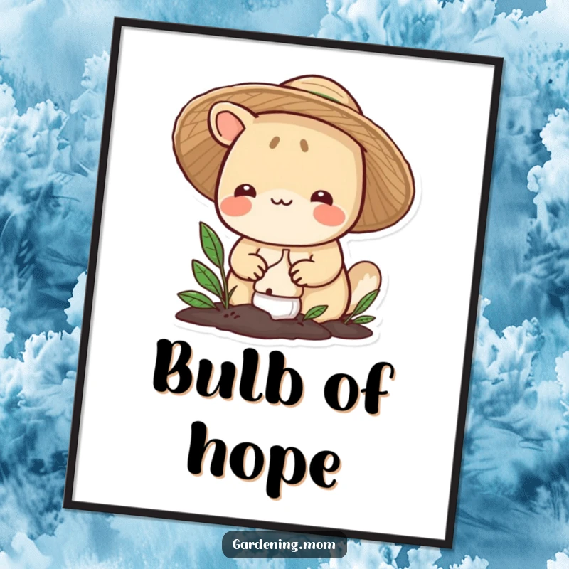 Funny gardening animal poster: a smiling critter in a straw hat carefully plants a bulb into the soil, celebrating the start of growth.