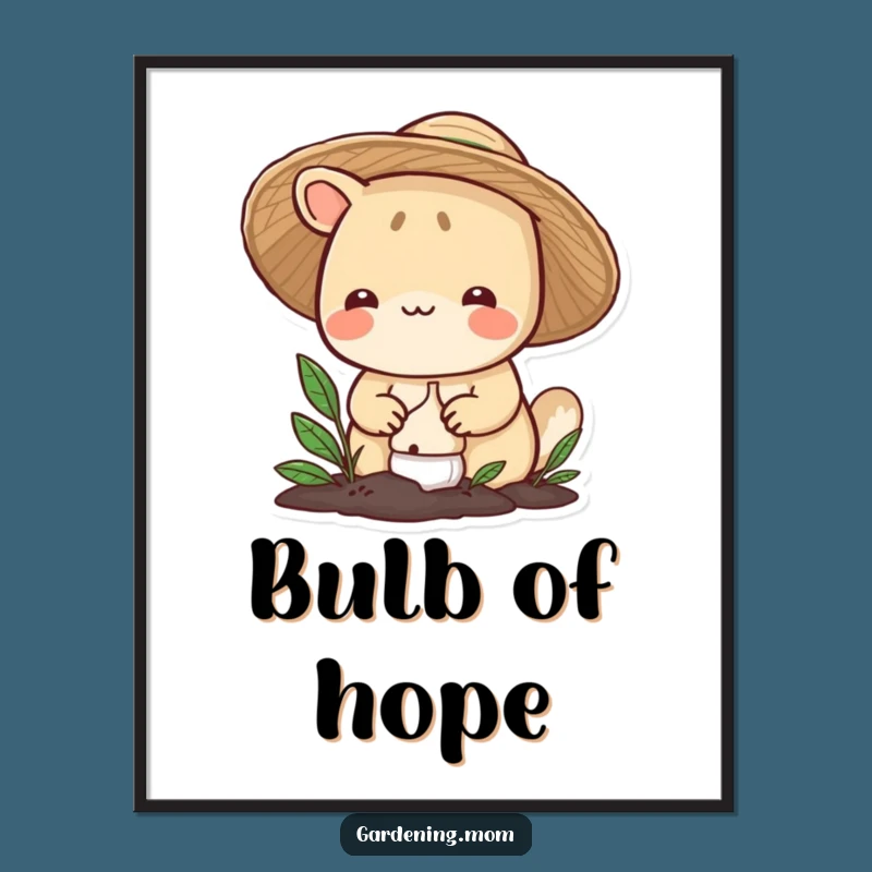 Funny Gardening Animal Poster: Smiling Hatted Critter Plants Bulb, Artistic Funny Gift