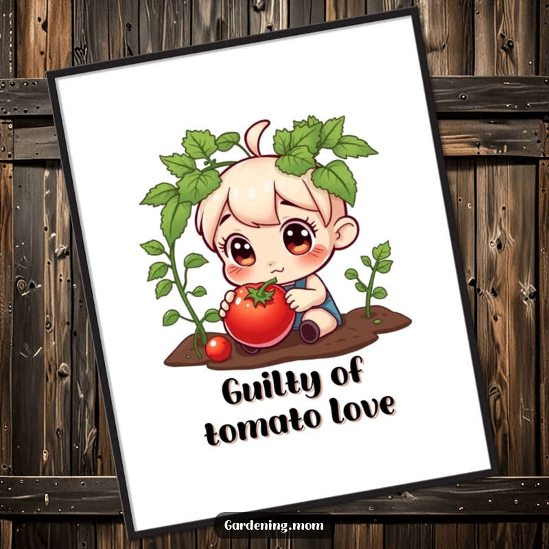 Funny poster art of a gardening character with wide, curious eyes, inspecting a large, ripe tomato with utter fascination.