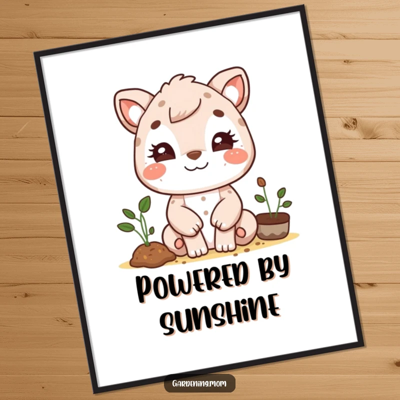 Funny gardening mom animal poster art shows a beaming animal mom with cute dirt smudges on her rosy cheeks, a happy plant parent.