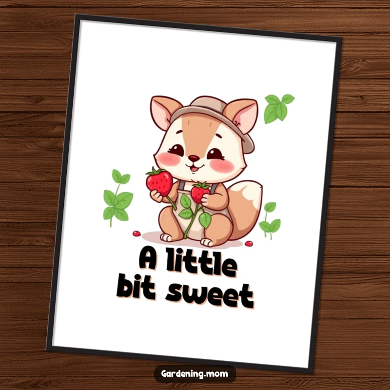 Funny gardening mom animal poster art shows an animal mom offering a single, ripe berry with a kind, inviting smile.