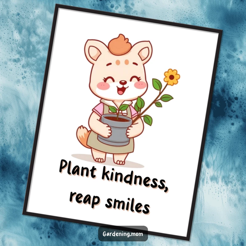 Funny poster art of a cheerful gardening mom animal character holding a sprout, symbolizing growth, nature, and maternal love.