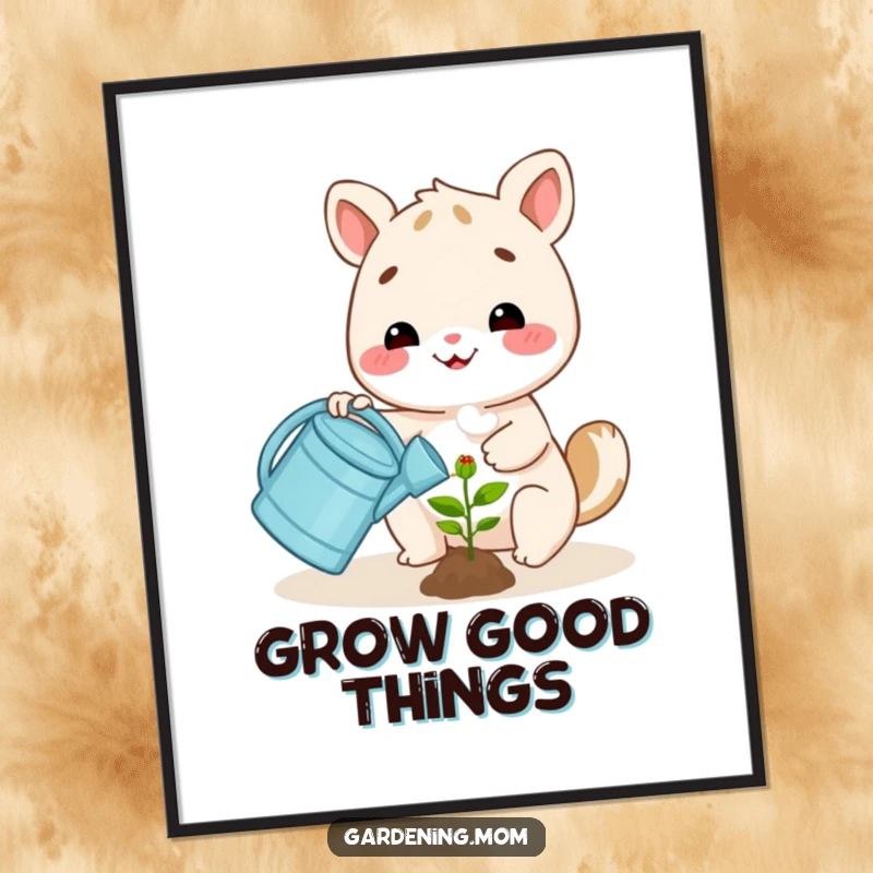 Funny happy animal character watering a small plant with a watering can, as cheerful wall art on a poster.