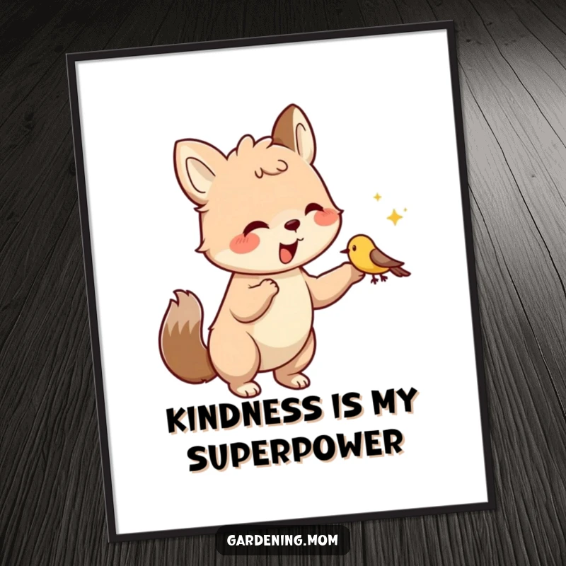 Funny Poster: Sweet animal character with gentle eyes feeding a small bird from hand, creating a scene of pure kindness and natural harmony.