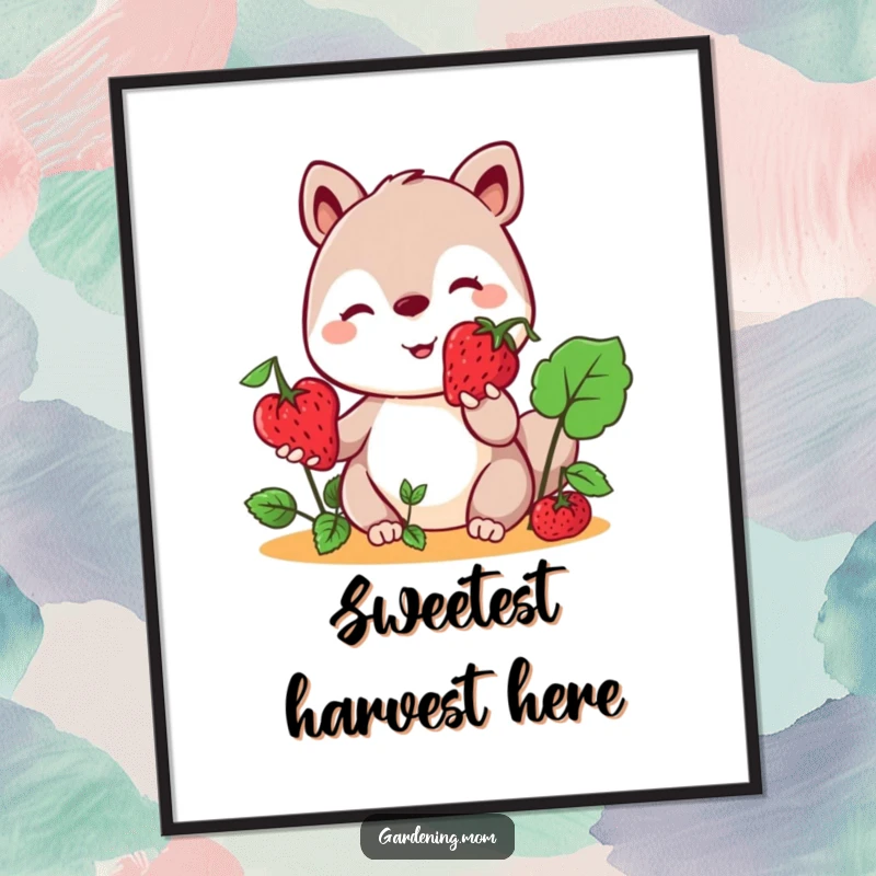 Funny Kawaii Gardening Animal Poster Offering a Berry, Sweet Smile, Cheerful Wall Decor, Artistic Touch.