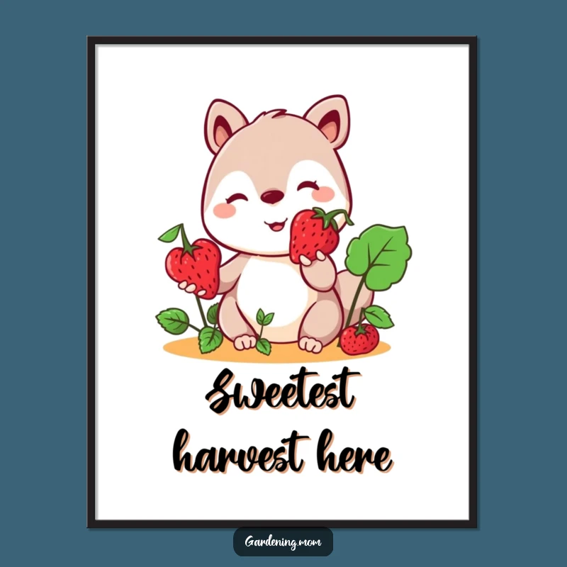 Funny Kawaii Berry Poster: Charming Wall Art with a Smiling Gardening Animal